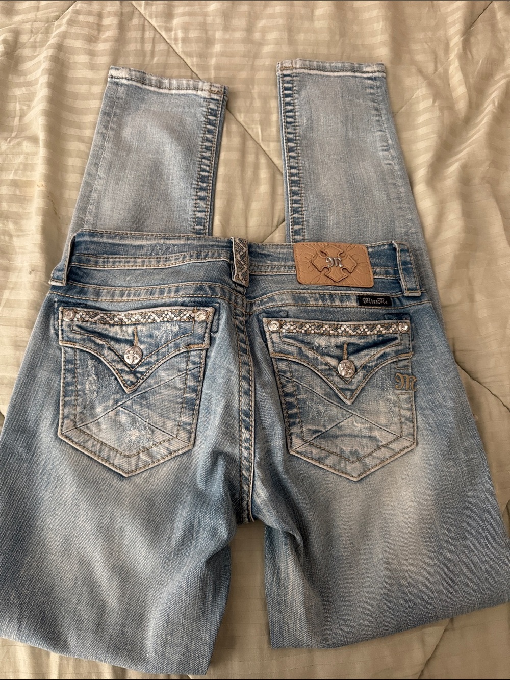 Miss Me Light Blue Skinny Jeans with Embellished Back Pockets